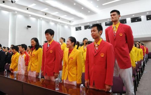 Chinese athletes wearing their 2008 Beijing Olympics Opening Ceremony uniforms - Yao Ming, Liu Xiang, and Guo Jingjing shown