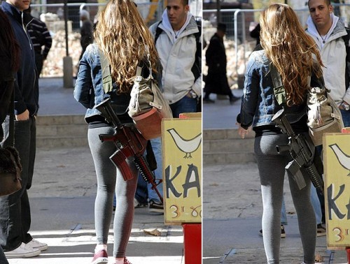 Two pictures of a Jewish girl in Israel carrying an assault rifle with her purse.