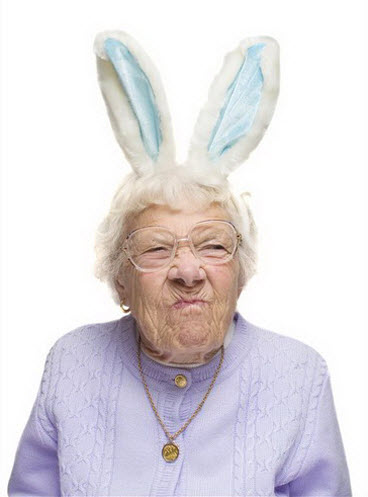 Crazy old lady waering bunny ears.