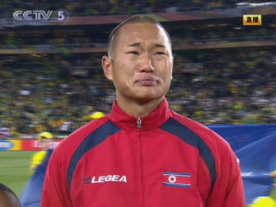 CCTV Broadcast of the 2010 World Cup North Korea vs. Brazil game shows Chong Tese crying during the national anthem.