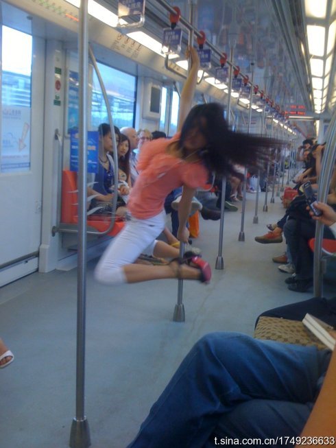 Nanjing subway pole-dancer.