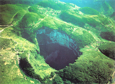 A large sinkhole in Sichuan province of China.