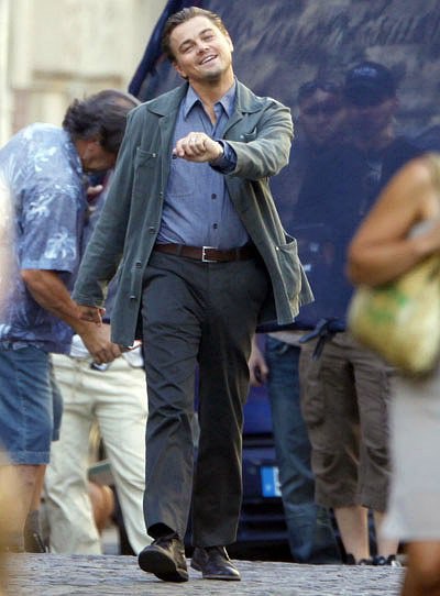 Leonardo DiCaprio "strutting" on the set of Inception.