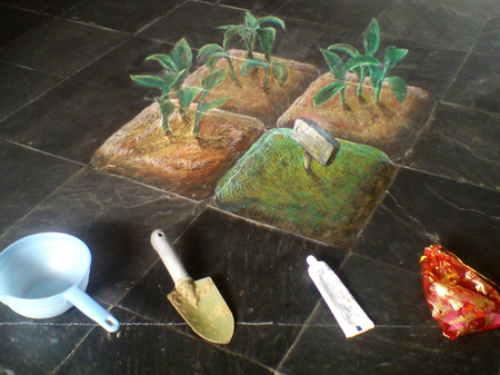 3D chalk art: planted vegetables.