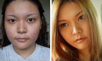 Before and after photos of Asian girls with and without makeup.