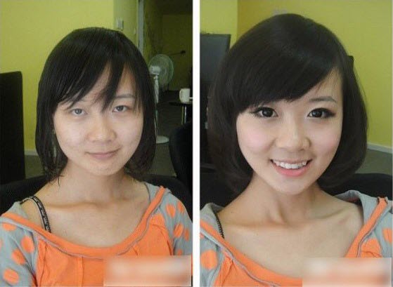 Before and after photos of Chinese girls with and without make-up.