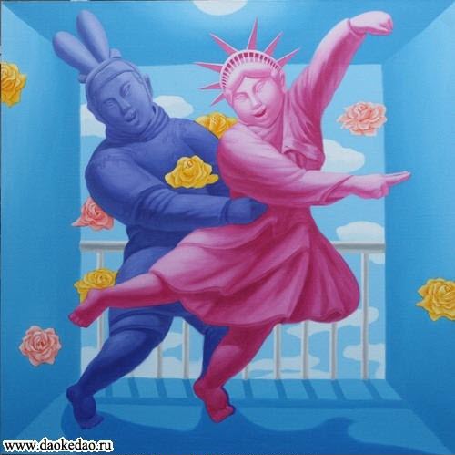 Terracotta Warrior dancing with Statue of Liberty