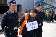 A criminal suspect is paraded in public with a sign around his neck showing his name and crime.