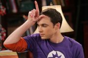 Sheldon Cooper on The Big Bang Theory, loser sign on forehead.