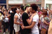 Chinese homosexual men participating in a gay kissing competition in Chengdu, China.